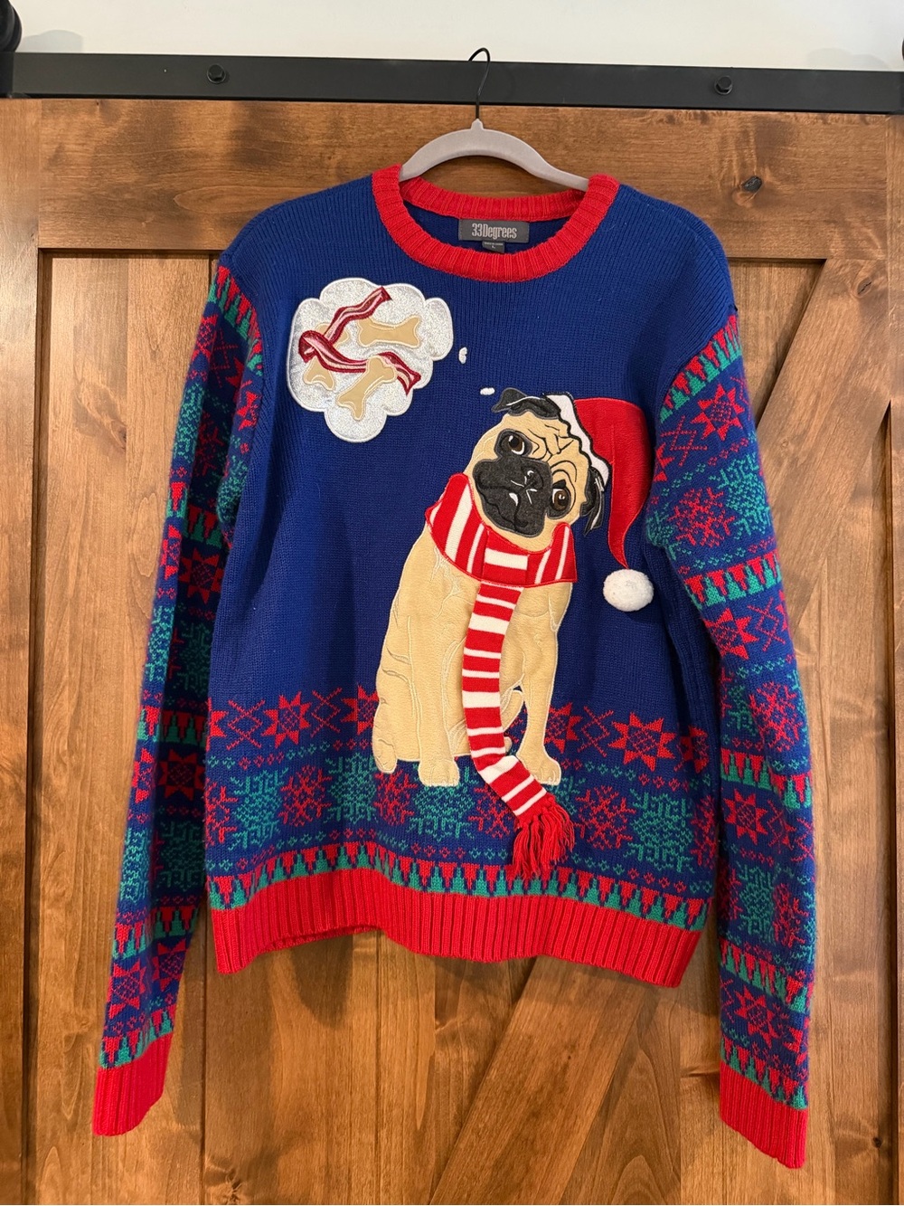 32 Degrees Blue Pug Holiday Crewneck Sweater with Red Trim